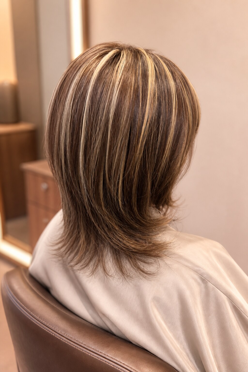 Layered hair with blonde highlight ribbons