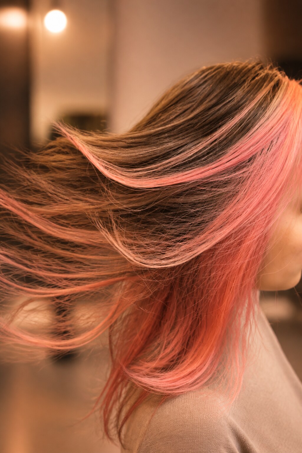 Brown hair with coral-pink underlights
