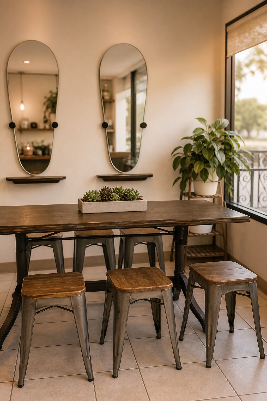 Salon lounge table and mirrors